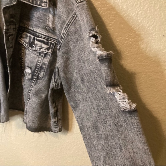 American Bazi Retro Acid Wash Cropped Denim Jacket With Chains Biker Bohemian 1X - Picture 7 of 16